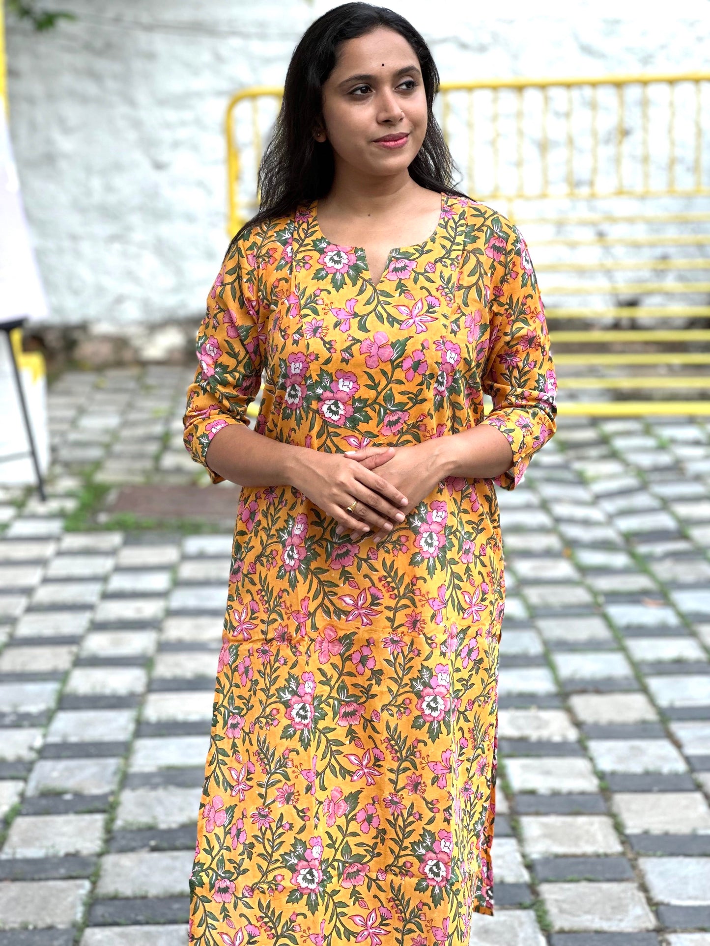 Southloom Jaipur Cotton Pink Floral Hand Block Printed Yellow Kurti