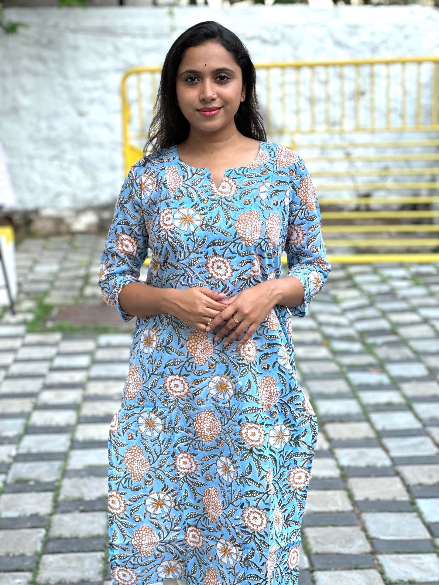 Southloom Jaipur Cotton Yellow Floral Hand Block Printed Blue Kurti