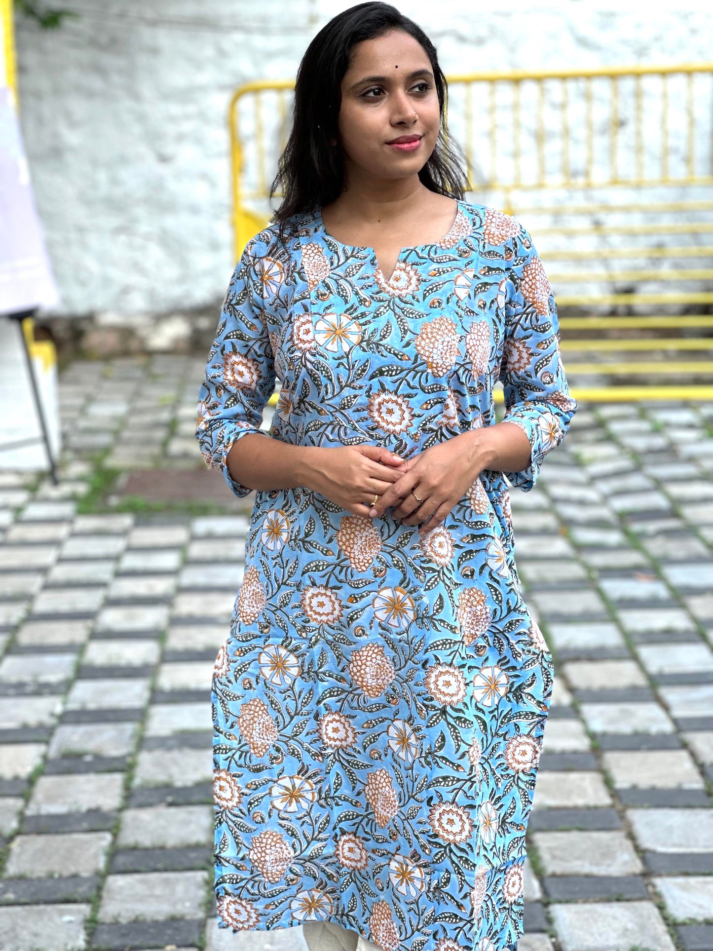 Southloom Jaipur Cotton Yellow Floral Hand Block Printed Blue Kurti