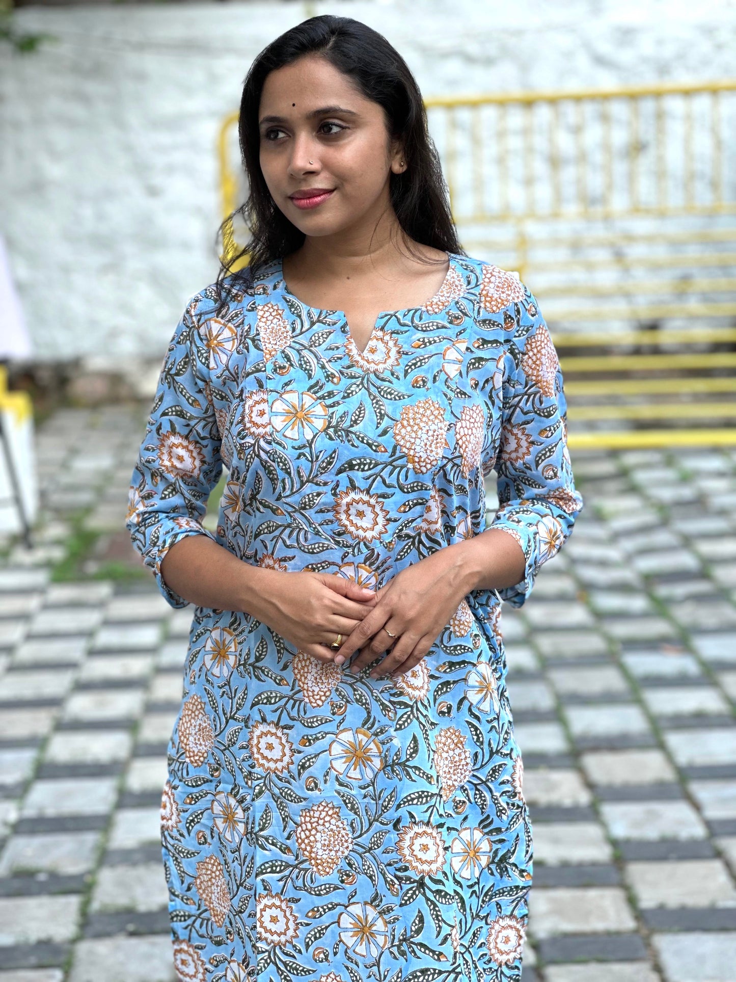 Southloom Jaipur Cotton Yellow Floral Hand Block Printed Blue Kurti