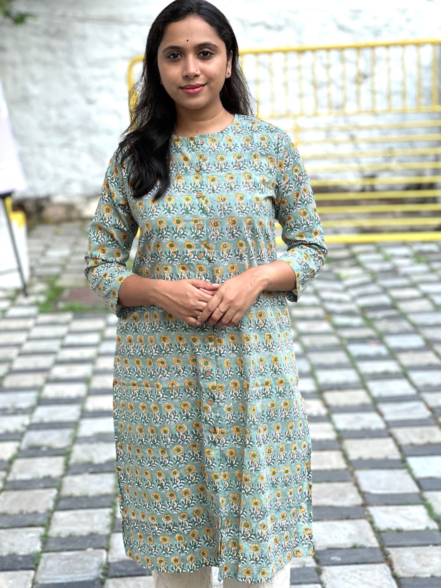 Southloom Jaipur Cotton Yellow Floral Hand Block Printed Green Kurti