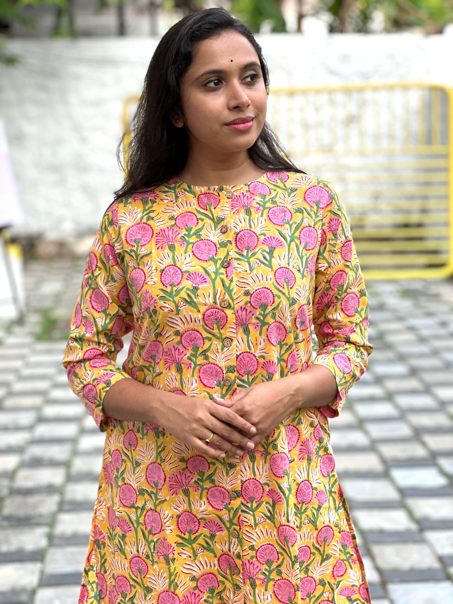 Southloom Jaipur Cotton Pink Floral Hand Block Printed Yellow Kurti