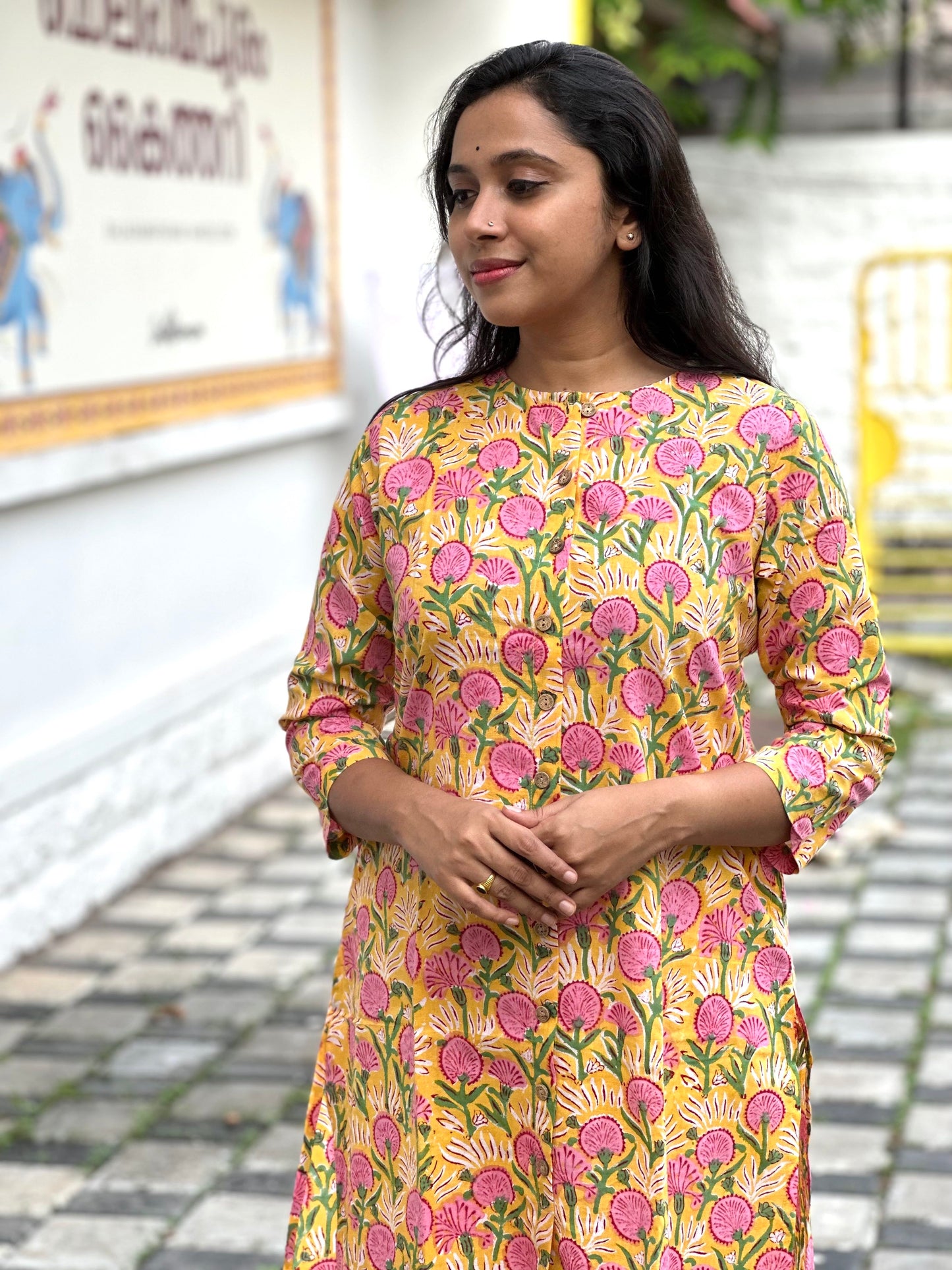 Southloom Jaipur Cotton Pink Floral Hand Block Printed Yellow Kurti