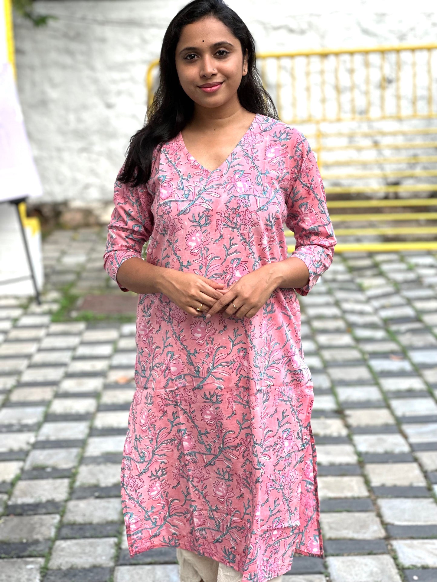 Southloom Jaipur Cotton Pink Floral Hand Block Printed Kurti