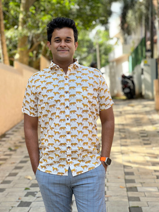 Southloom Jaipur Cotton Tiger Hand Block Printed Shirt (Half Sleeves)