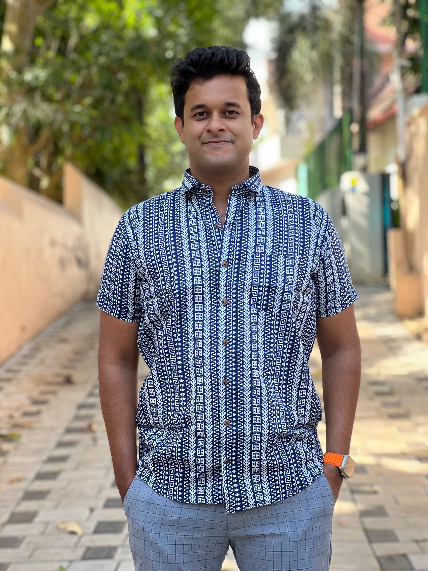 Southloom Jaipur Cotton Indigo Blue Hand Block Printed Shirt (Half Sleeves)