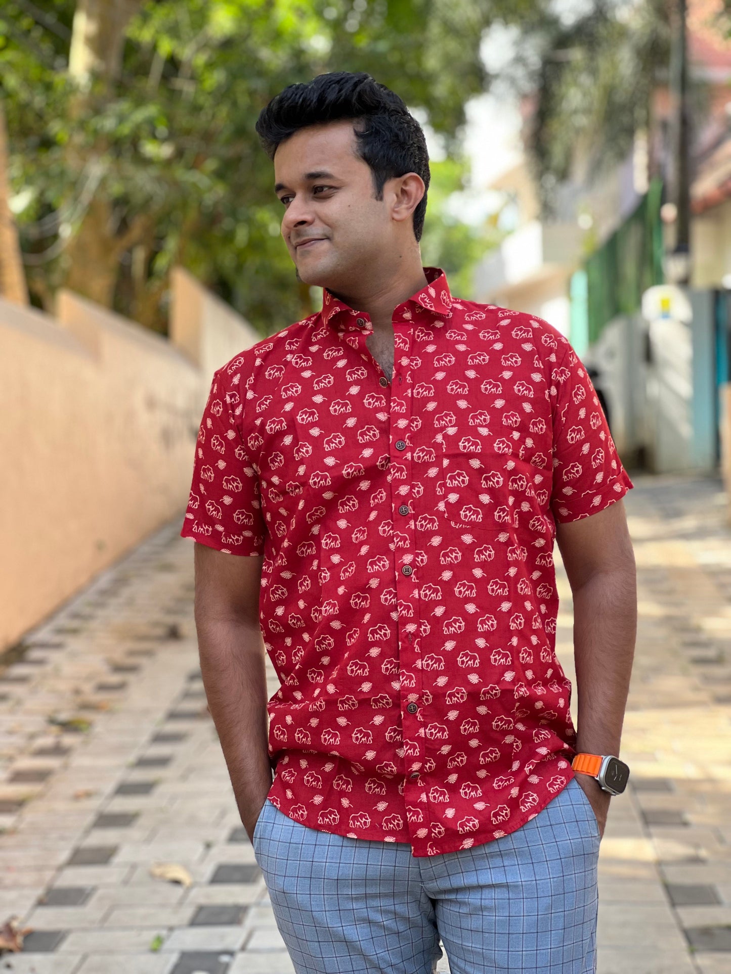 Southloom Jaipur Cotton Red Elephant Hand Block Printed Shirt (Half Sleeves)