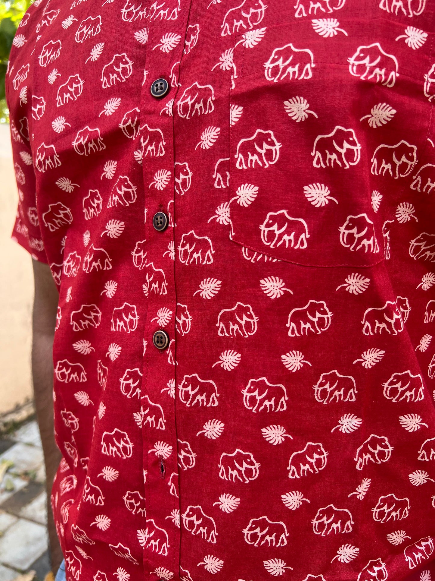Southloom Jaipur Cotton Red Elephant Hand Block Printed Shirt (Half Sleeves)