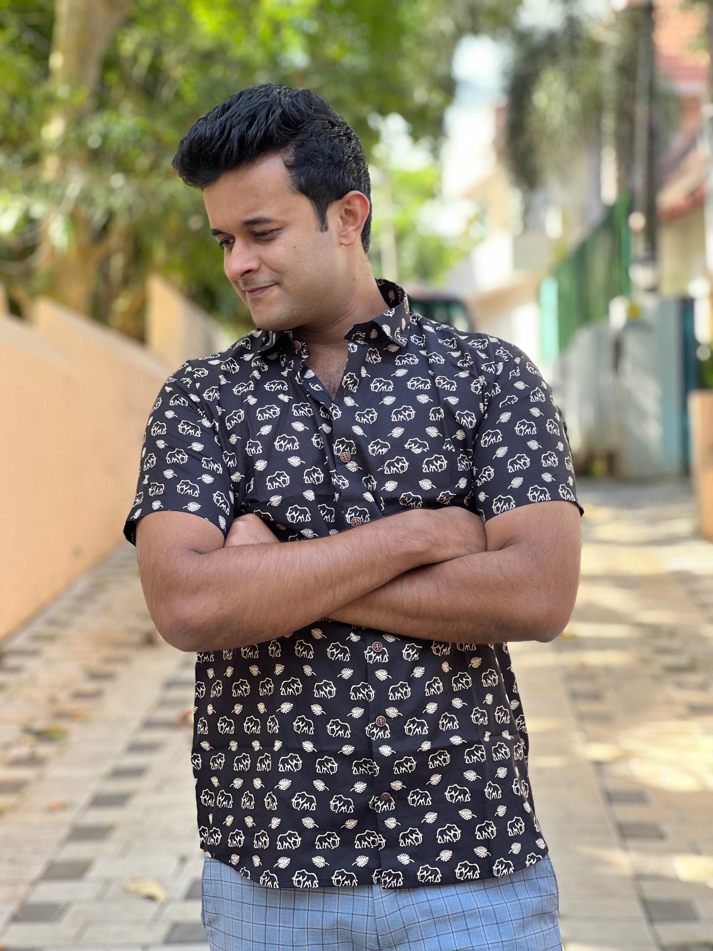 Southloom Jaipur Cotton Black Elephant Hand Block Printed Shirt (Half Sleeves)