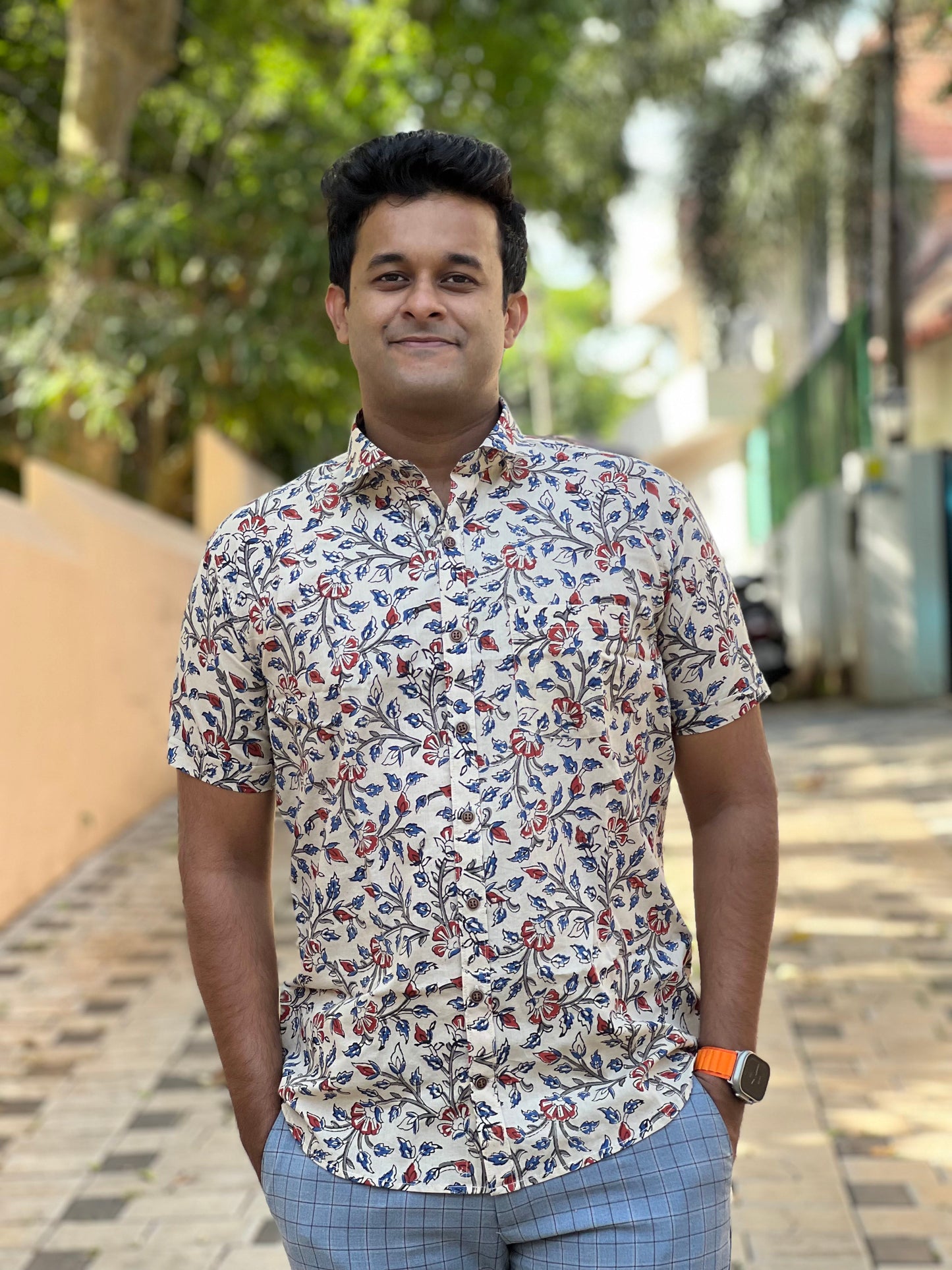 Southloom Jaipur Cotton Floral Hand Block Printed Shirt (Half Sleeves)
