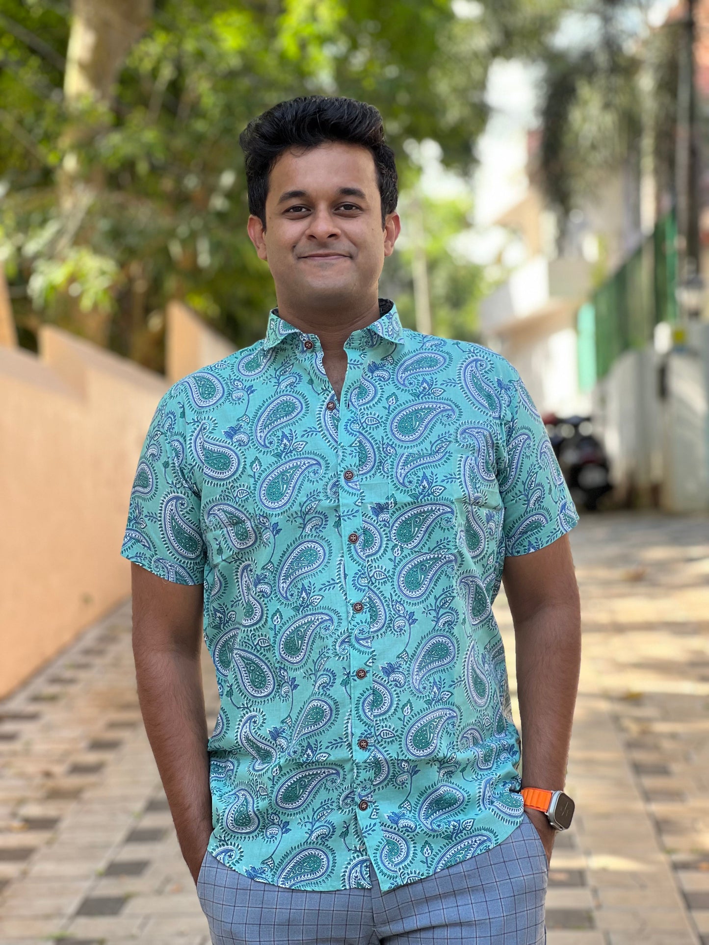 Southloom Jaipur Cotton Green Paisley Hand Block Printed Shirt (Half Sleeves)