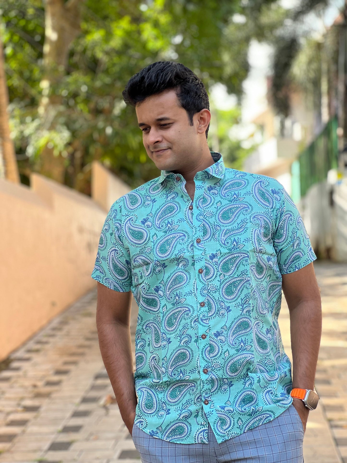 Southloom Jaipur Cotton Green Paisley Hand Block Printed Shirt (Half Sleeves)