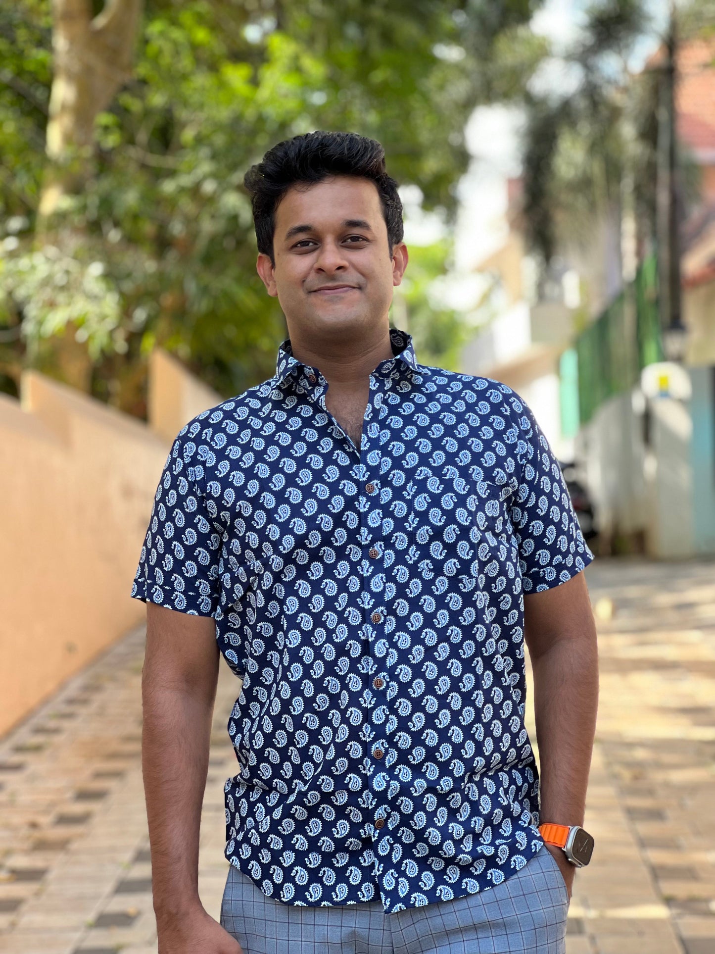 Southloom Jaipur Cotton Indigo Blue Paisley Hand Block Printed Shirt (Half Sleeves)