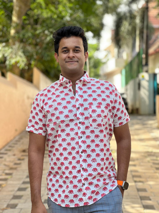 Southloom Jaipur Cotton Pink Elephant Hand Block Printed Shirt (Half Sleeves)