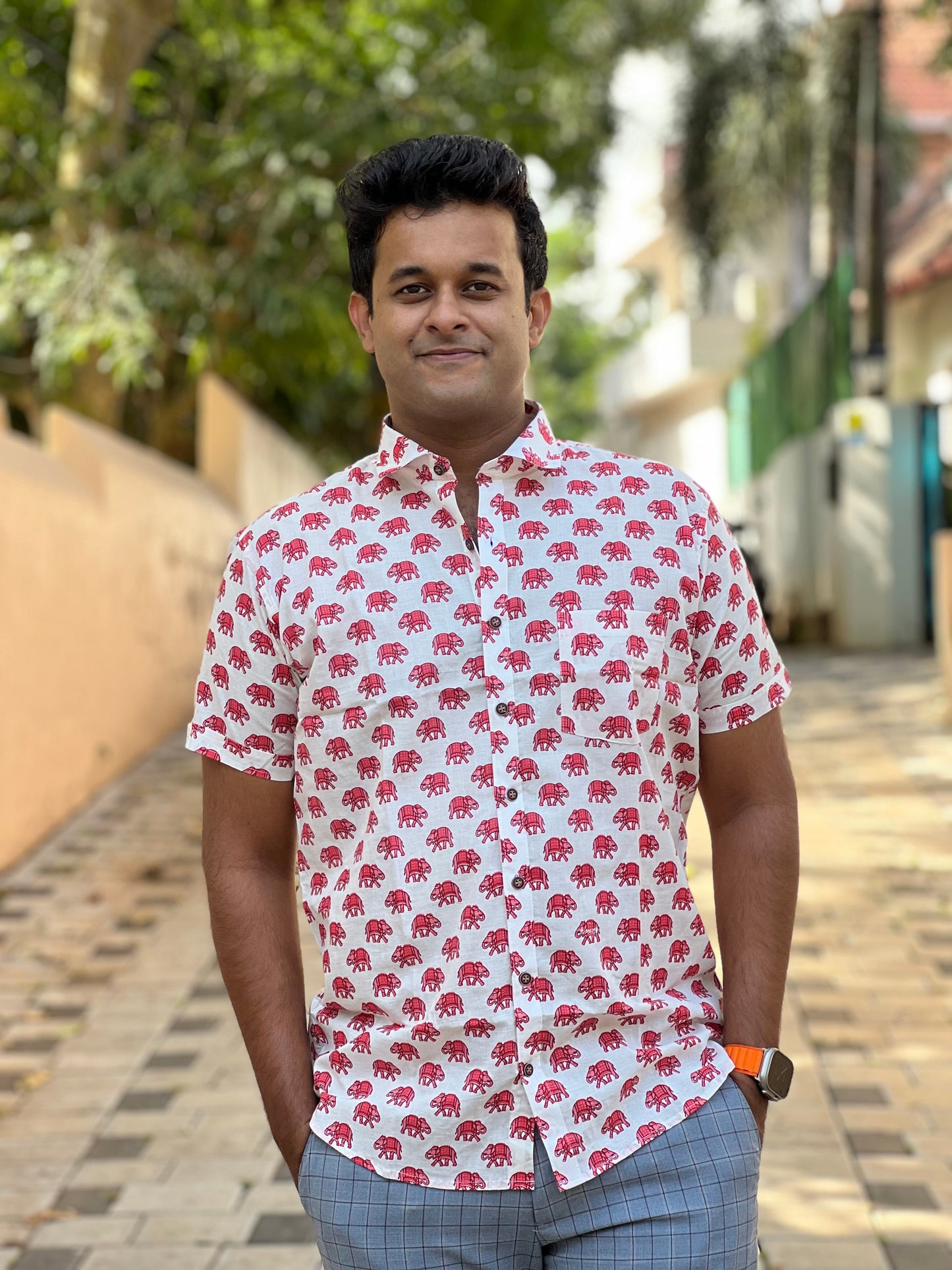 Southloom Jaipur Cotton Pink Elephant Hand Block Printed Shirt (Half Sleeves)