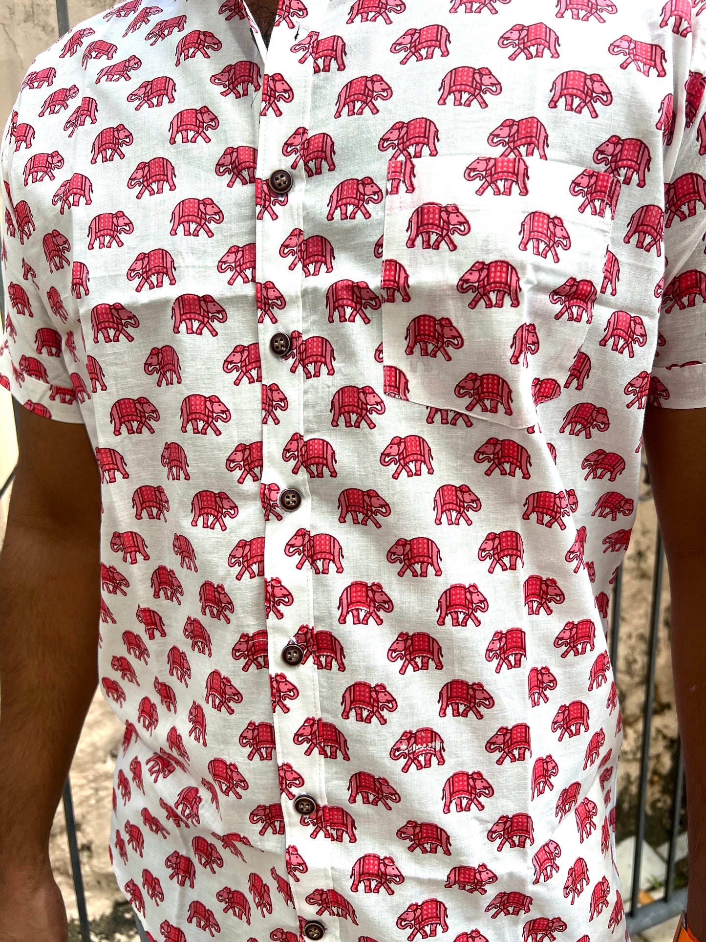 Southloom Jaipur Cotton Pink Elephant Hand Block Printed Shirt (Half Sleeves)