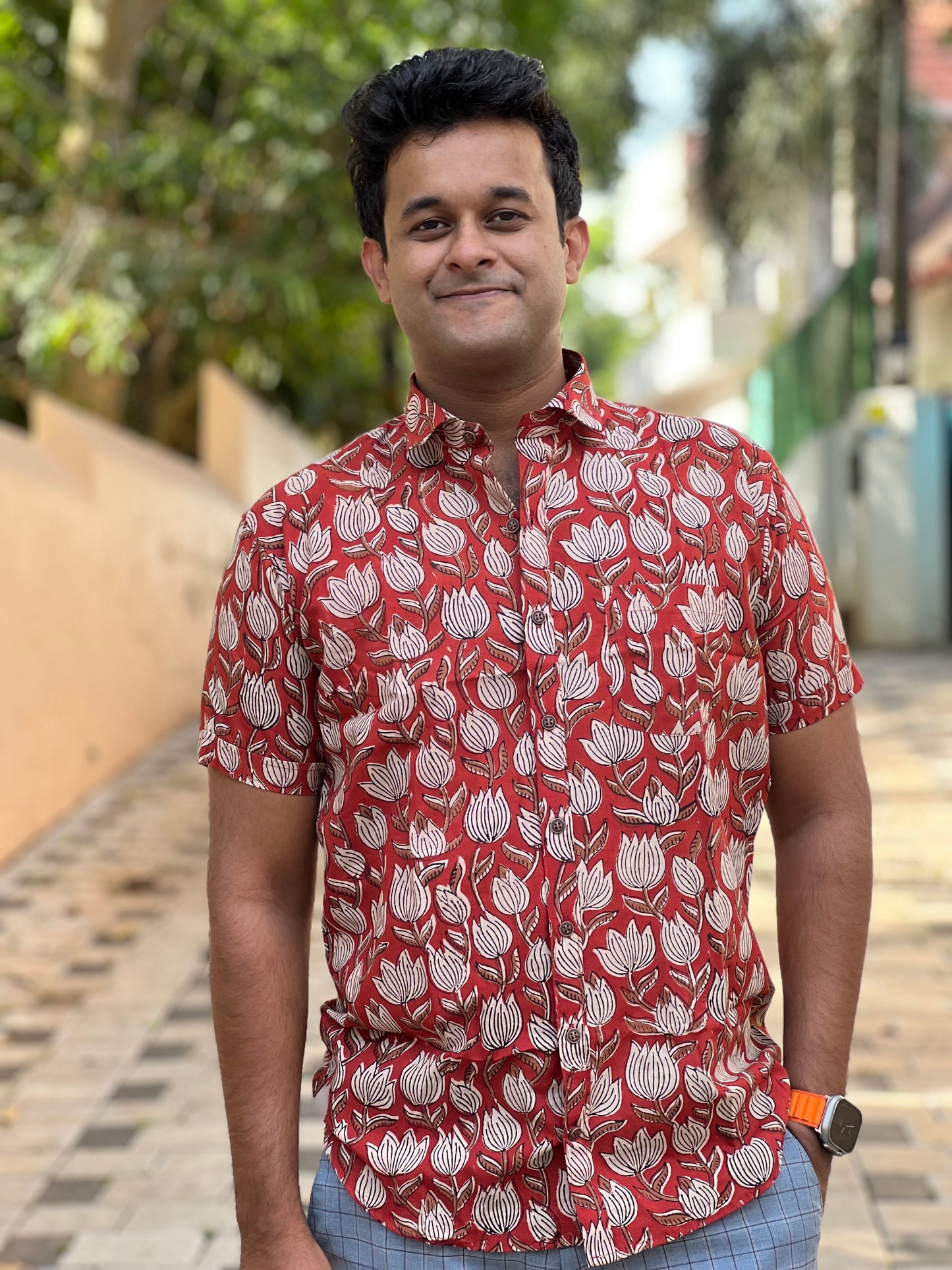 Southloom Jaipur Cotton Red Floral Hand Block Printed Shirt (Half Sleeves)