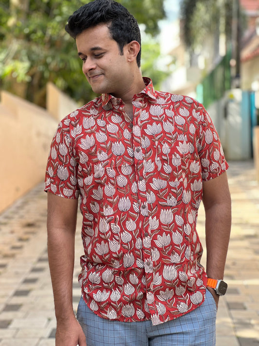 Southloom Jaipur Cotton Red Floral Hand Block Printed Shirt (Half Sleeves)