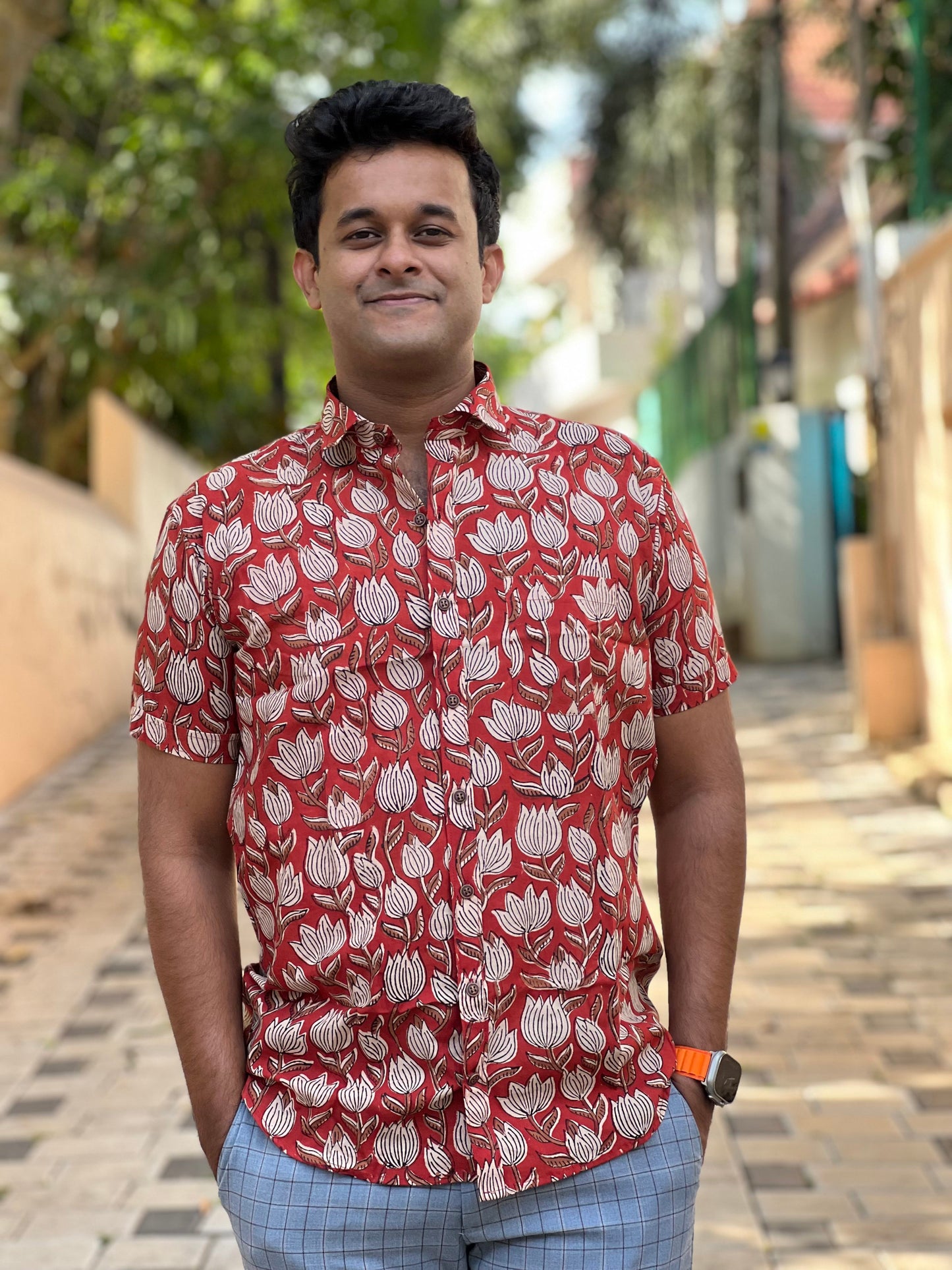 Southloom Jaipur Cotton Red Floral Hand Block Printed Shirt (Half Sleeves)