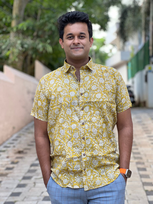 Southloom Jaipur Cotton Yellow Floral Hand Block Printed Shirt (Half Sleeves)