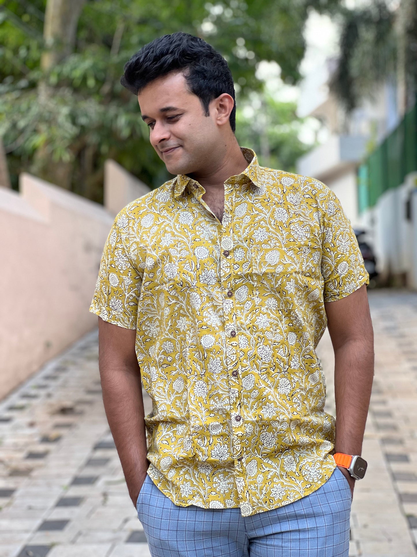 Southloom Jaipur Cotton Yellow Floral Hand Block Printed Shirt (Half Sleeves)