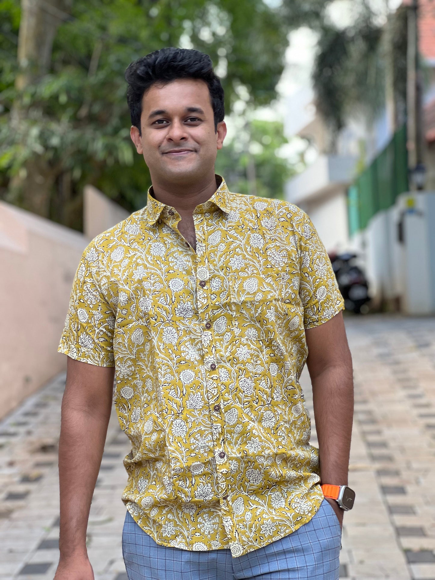 Southloom Jaipur Cotton Yellow Floral Hand Block Printed Shirt (Half Sleeves)