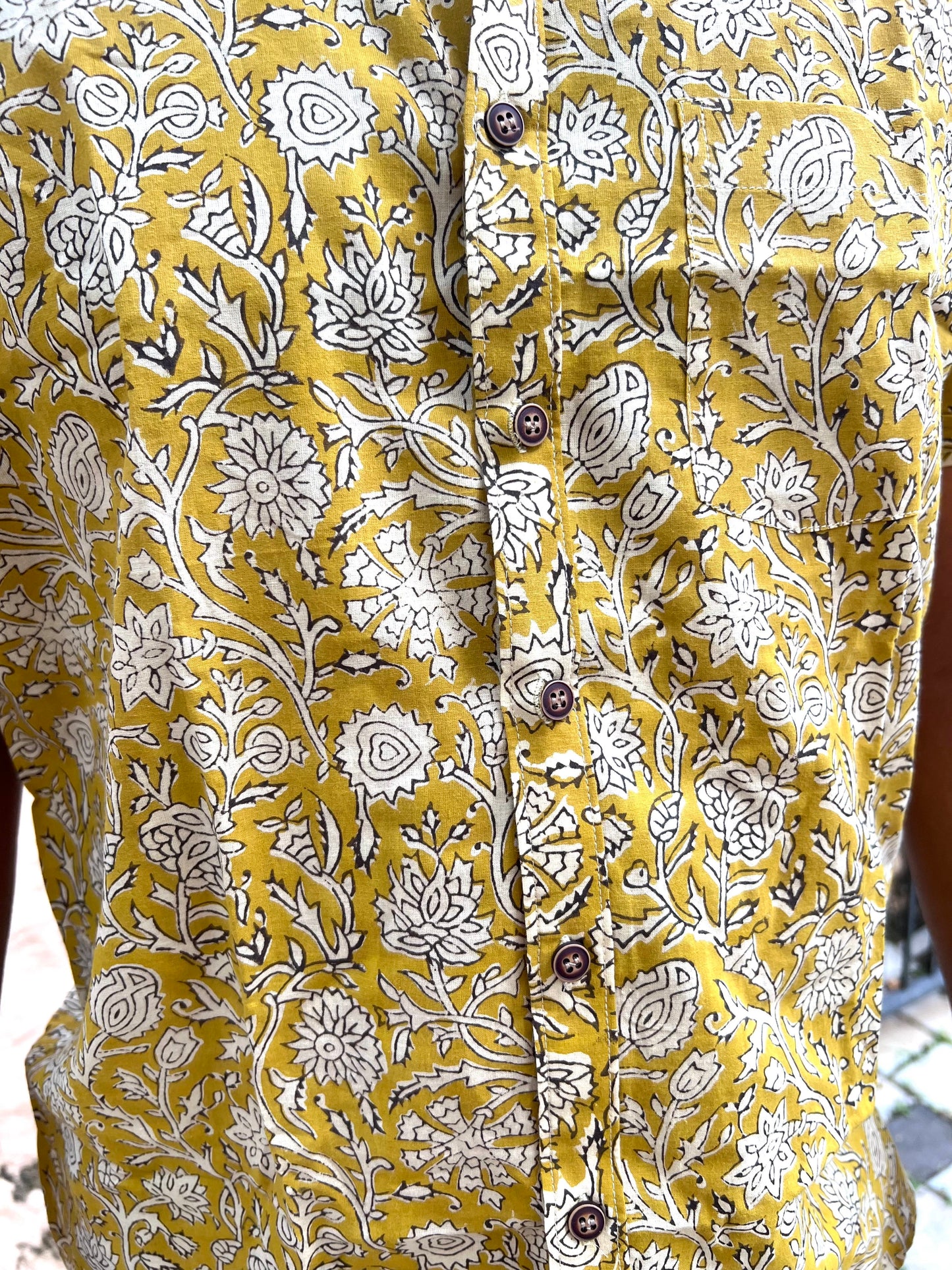 Southloom Jaipur Cotton Yellow Floral Hand Block Printed Shirt (Half Sleeves)