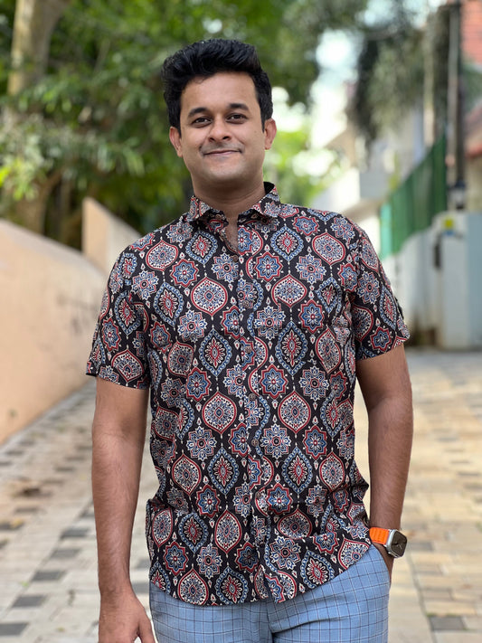 Southloom Jaipur Cotton Hand Block Printed Black Shirt (Half Sleeves)