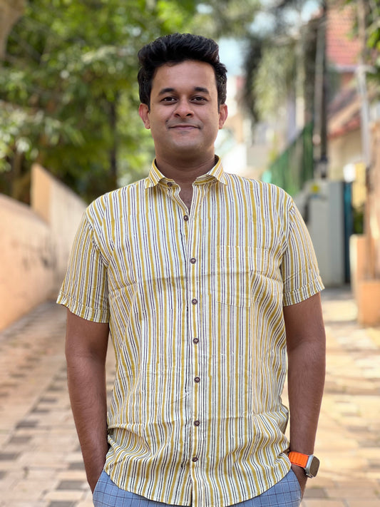 Southloom Jaipur Cotton Yellow Lines Design Hand Block Printed Shirt (Half Sleeves)