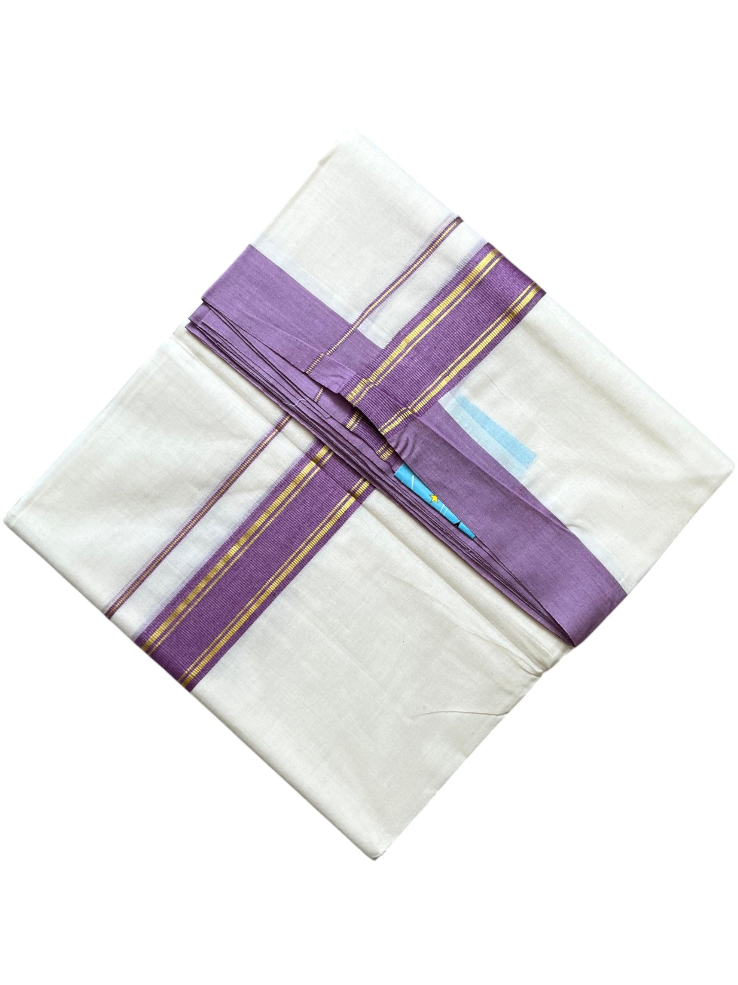 Southloom Pure Cotton Mundu with Golden Lines and Lavender Border (South Indian Kerala Dhoti)
