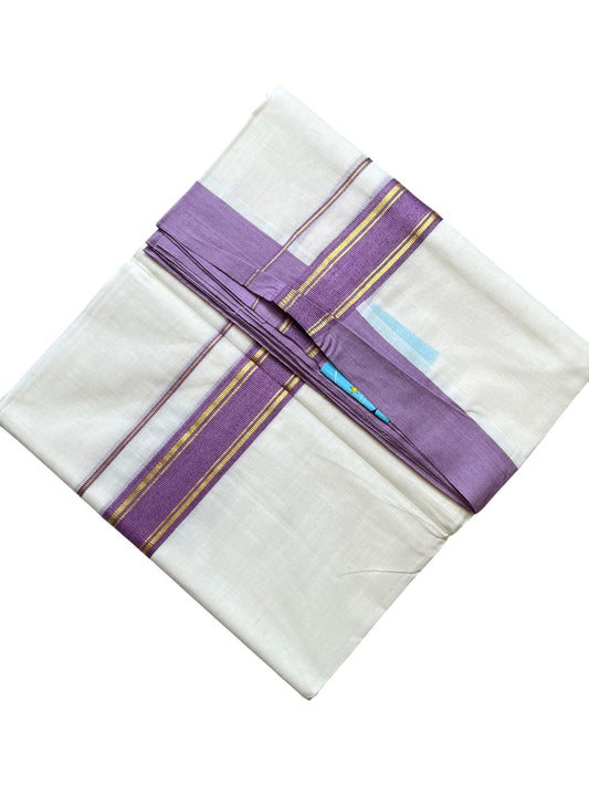 Southloom Pure Cotton Mundu with Golden Lines and Lavender Border (South Indian Kerala Dhoti)