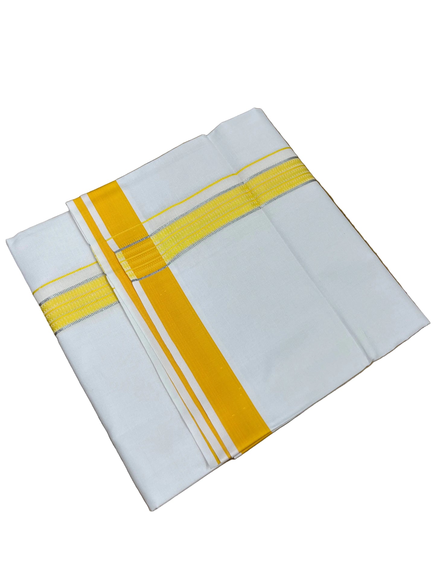 Southloom Pure White Cotton Mundu with Silver Line & Yellow Border (South Indian Kerala Dhoti)