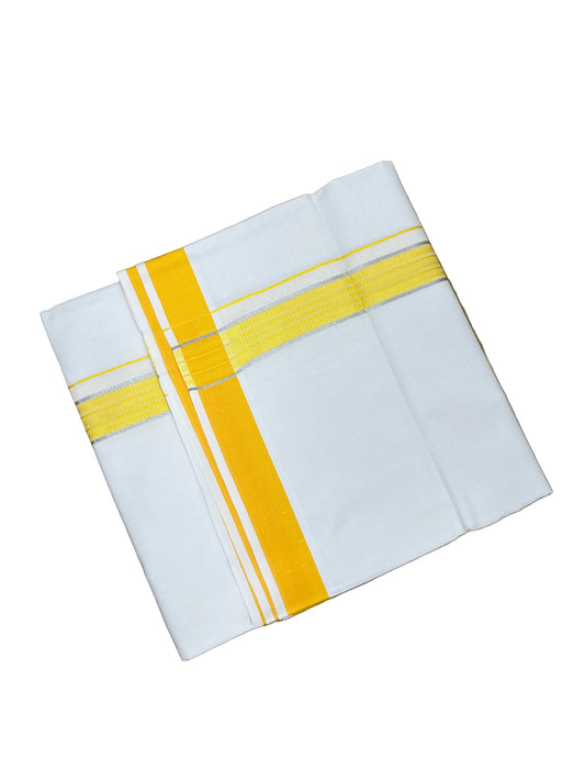 Southloom Pure White Cotton Mundu with Silver Line & Yellow Border (South Indian Kerala Dhoti)