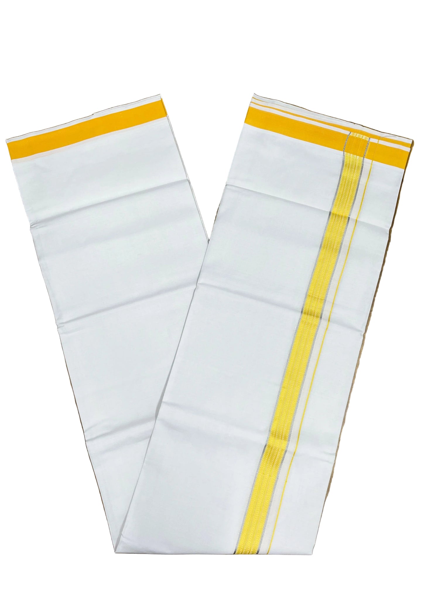 Southloom Pure White Cotton Mundu with Silver Line & Yellow Border (South Indian Kerala Dhoti)