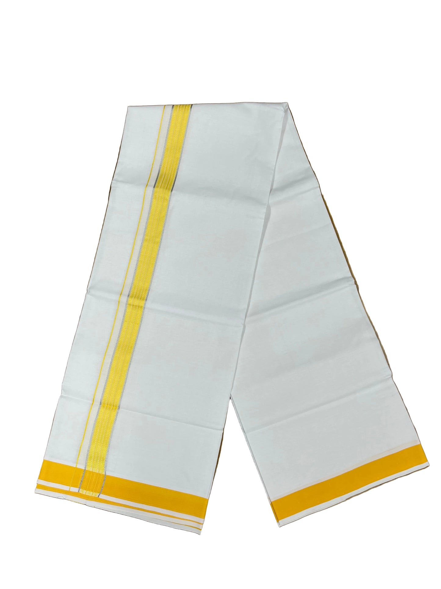 Southloom Pure White Cotton Mundu with Silver Line & Yellow Border (South Indian Kerala Dhoti)