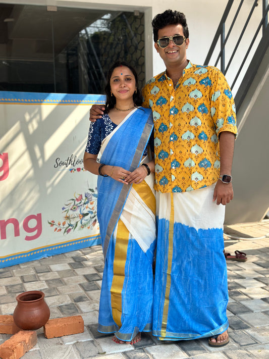 Southloom Tie & Dye - Half & Half  Multi Colour Blue Design Set Mundu (Mundum Neriyathum) with Super Soft Cotton in 2.80 Mtrs SL264