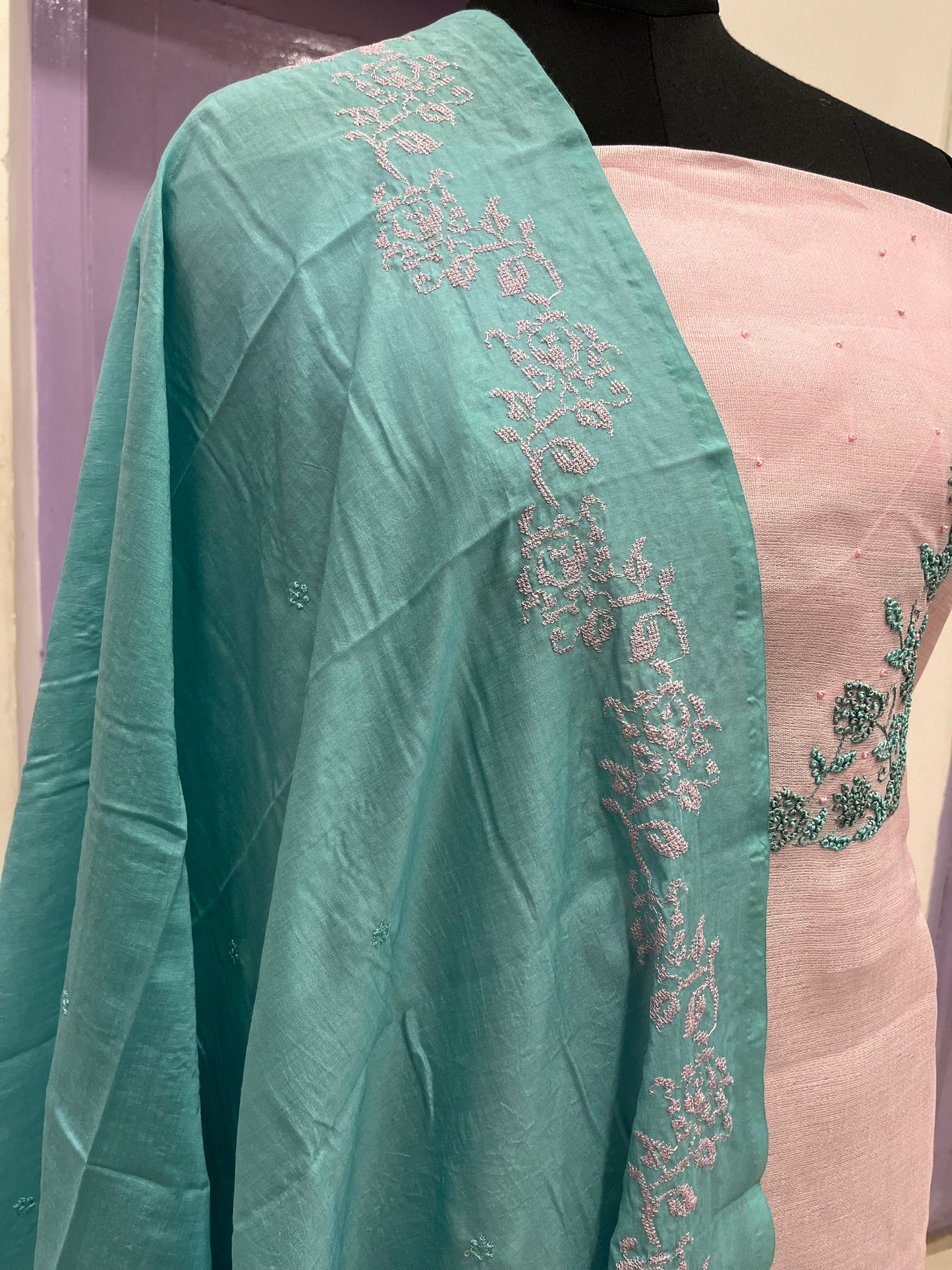 Southloom™ Semi Silk Churidar Salwar Suit Material in Pink with Embroidery Work