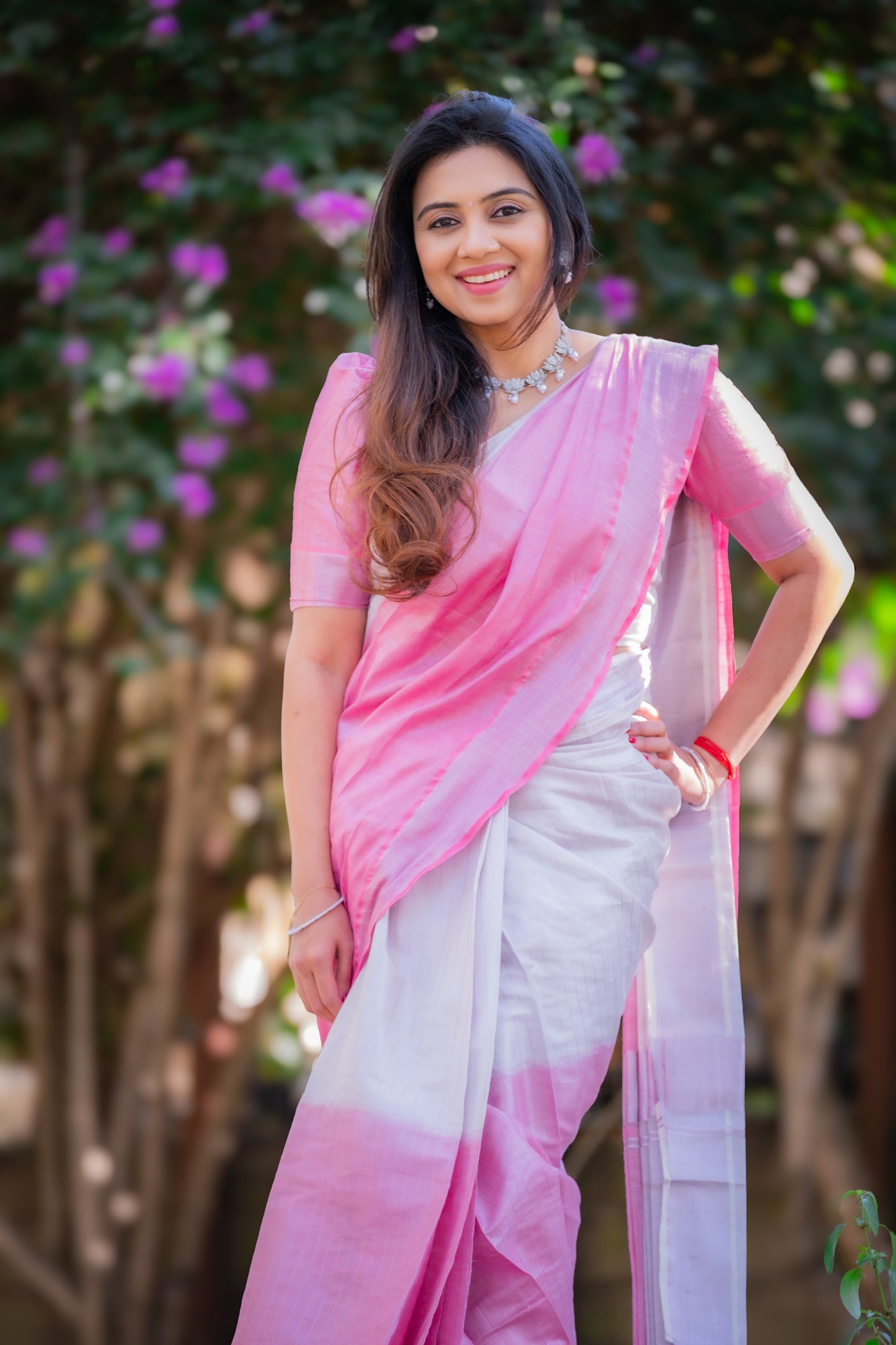 Southloom Tie and Dye Multi Colour Pink Colour Rose Tissue Kasavu Saree (Lines Body)