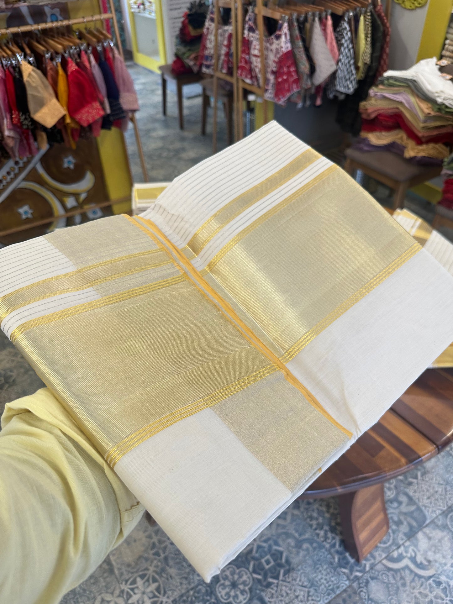 Southloom Premium Balaramapuram Handloom Saree in Silver and Gold Mixed Woven Antique Kasavu