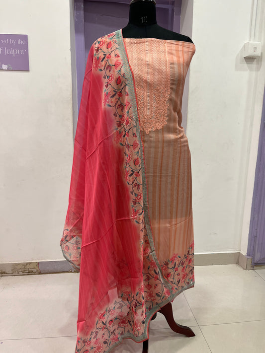 Southloom™ Chiffon Churidar Salwar Suit Material in Peach with Thread Works