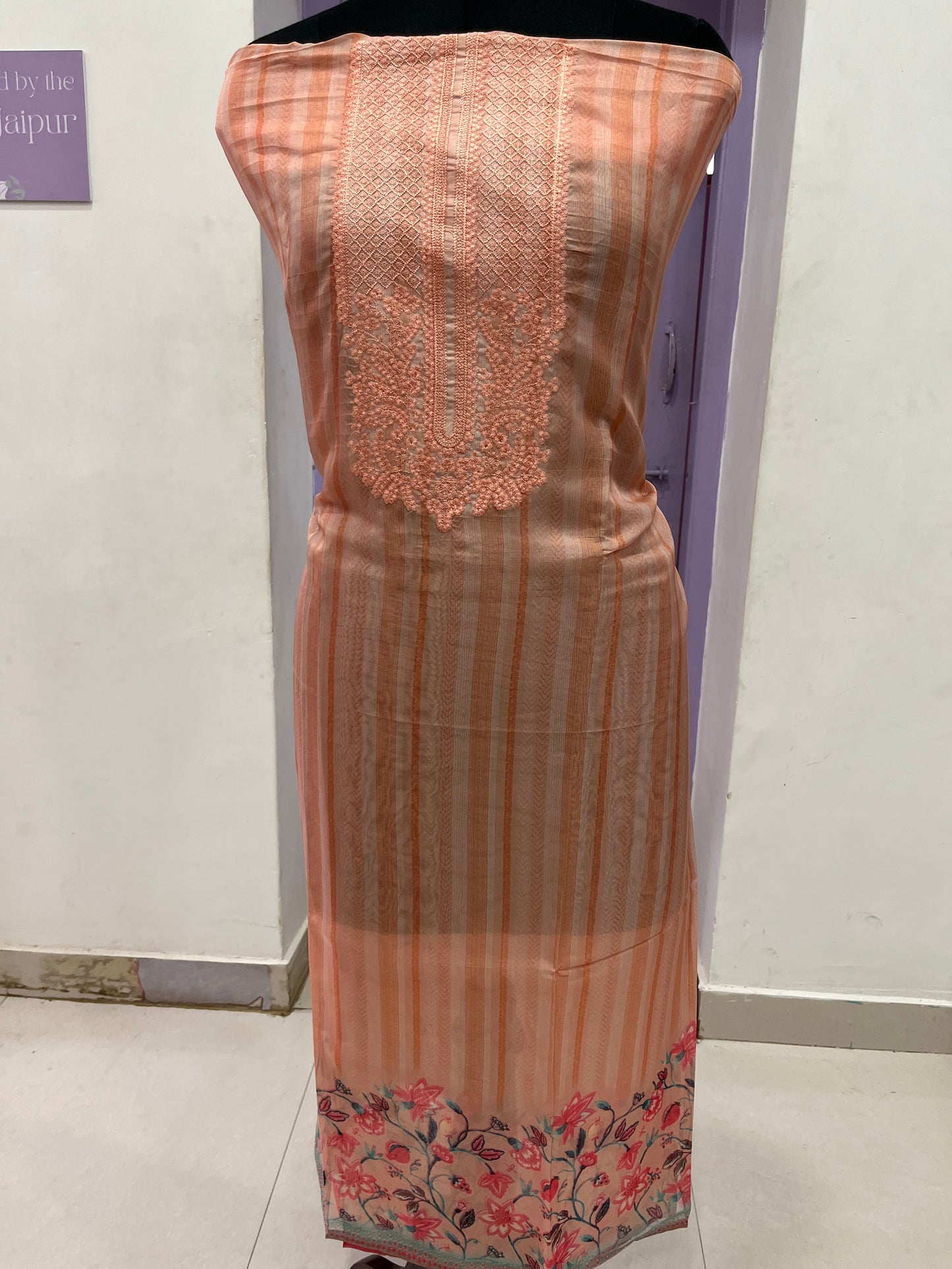 Southloom™ Chiffon Churidar Salwar Suit Material in Peach with Thread Works