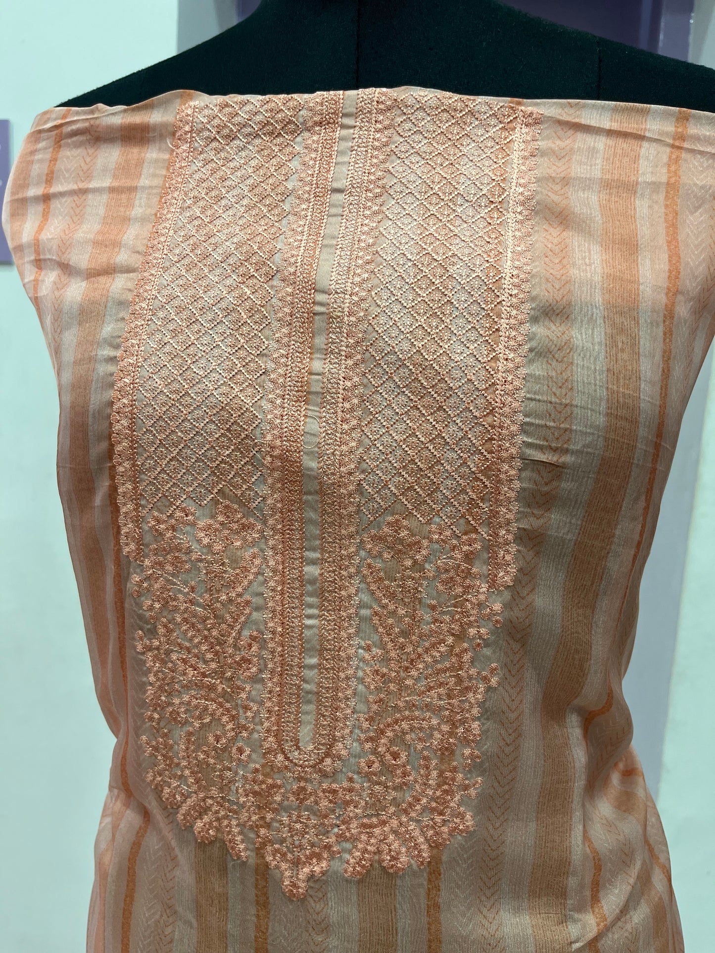 Southloom™ Chiffon Churidar Salwar Suit Material in Peach with Thread Works