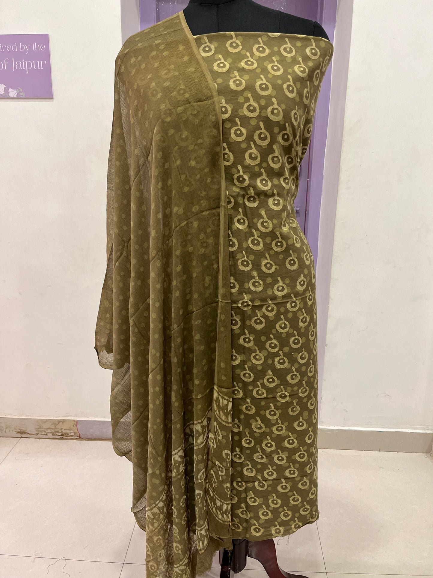 Southloom™ Cotton Churidar Salwar Suit Material in Brownish Green with Prints