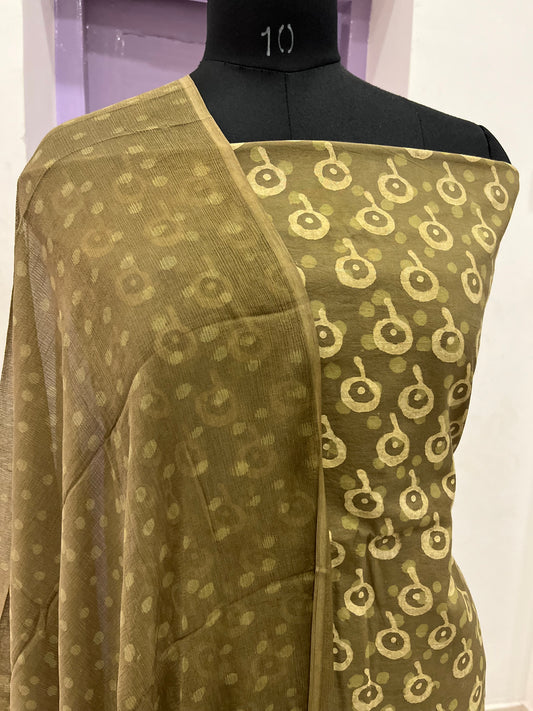 Southloom™ Cotton Churidar Salwar Suit Material in Brownish Green with Prints