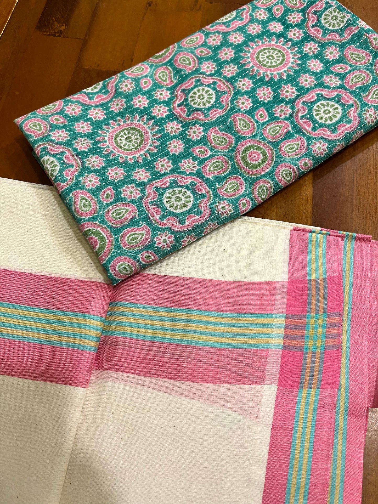 Southloom Mulloth Soft Cotton Set Mundu with Jaipur Printed Blouse Piece (2.60 M Neriyathu / Blouse 1 Meter)