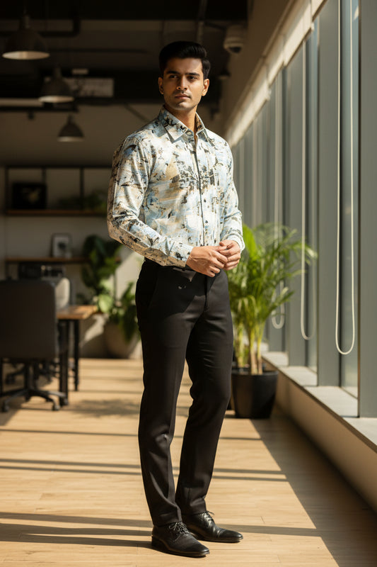 Pure Cotton Light Blue and Brown Printed Shirt SLSHIRT 38 FS