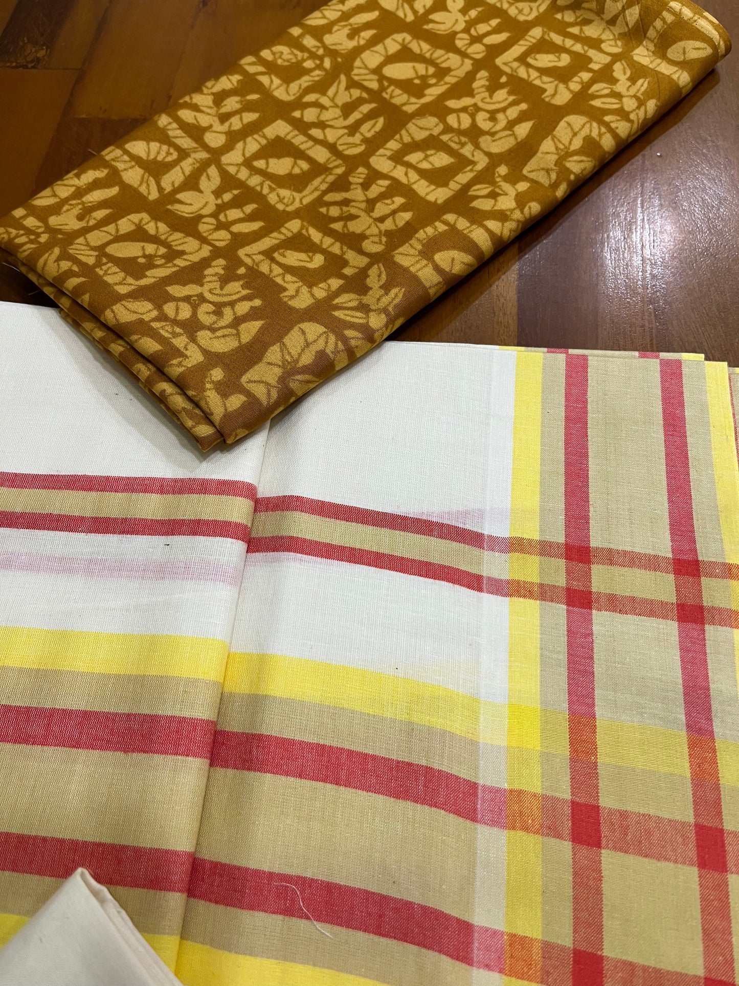 Southloom Mulloth Soft Cotton Set Mundu with Jaipur Printed Blouse Piece (2.60 M Neriyathu / Blouse 1 Meter)