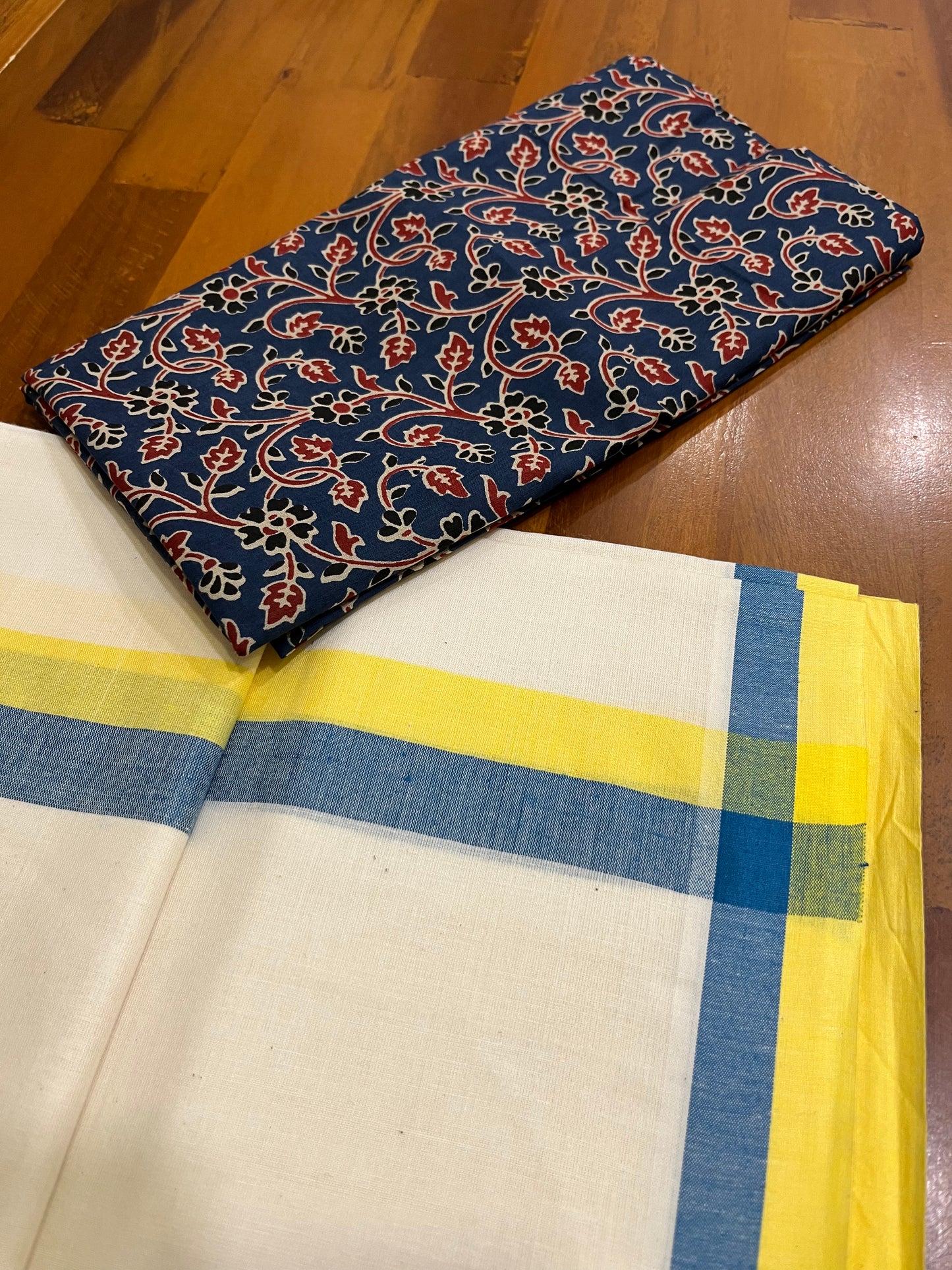 Southloom Mulloth Soft Cotton Set Mundu with Jaipur Printed Blouse Piece (2.50 M Neriyathu / Blouse 1 Meter)