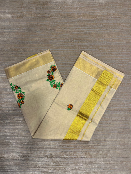 Southloom Tissue Kerala Kasavu Saree with Floral Embroidery Design