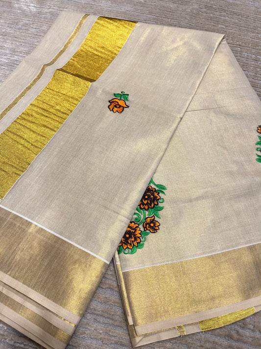 Southloom Tissue Kerala Kasavu Saree with Floral Embroidery Design